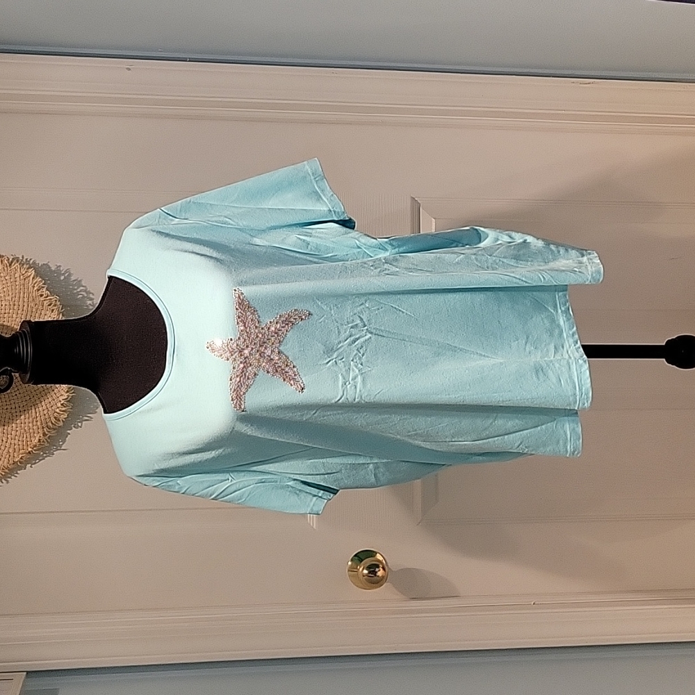 Coral Bay Starfish Tee– Soft Aqua Green, Embellished Sequin Design, Beach Vibes - Picture 3 of 9